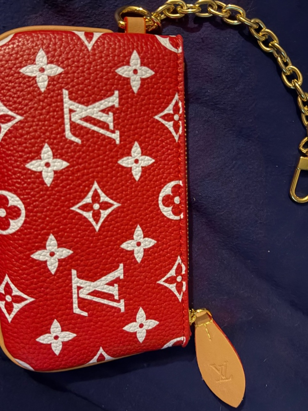 Red and White Monogram Key & Card Holder with Gold Chain